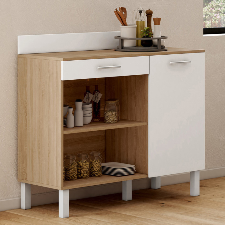 Buffet bas de cuisine 100 cm CINA plan de travail H.83 cm 1 porte + 1 tiroir façon hêtre et blanc