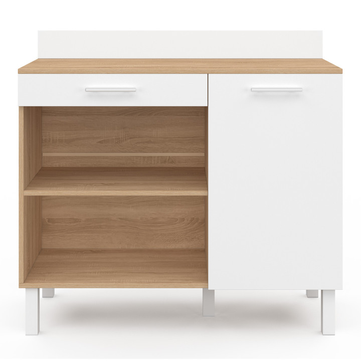 Buffet bas de cuisine 100 cm CINA plan de travail H.83 cm 1 porte + 1 tiroir façon hêtre et blanc