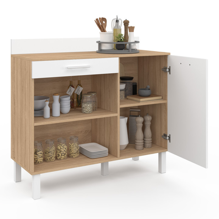 Buffet bas de cuisine 100 cm CINA plan de travail H.83 cm 1 porte + 1 tiroir façon hêtre et blanc