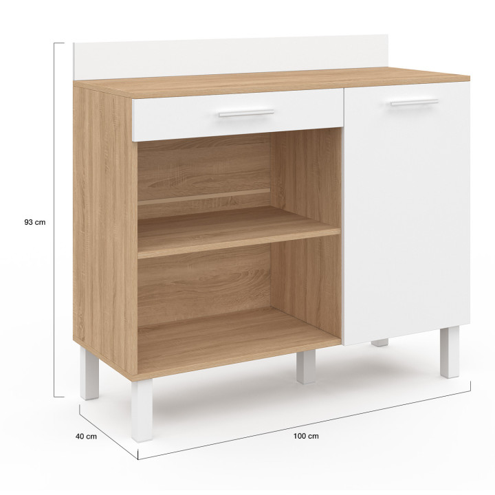 Buffet bas de cuisine 100 cm CINA plan de travail H.83 cm 1 porte + 1 tiroir façon hêtre et blanc