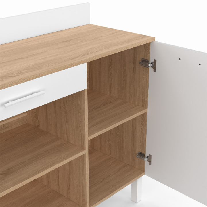 Buffet bas de cuisine 100 cm CINA plan de travail H.83 cm 1 porte + 1 tiroir façon hêtre et blanc