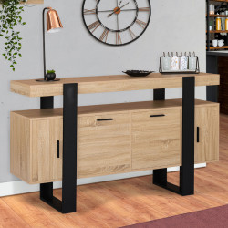 14876 - Laag dressoir in imitatiebeukenhout en zwart met 4 deuren en legplank Industriële lage houten buffetkast, imitatiebeukenhout en zwart - PHOENIX | ID Market