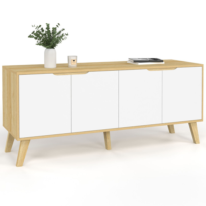 Buffet bas scandinave 140 cm FINN bois façon hêtre 3 portes blanches