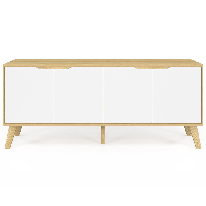 Buffet bas scandinave 140 cm FINN bois façon hêtre 3 portes blanches