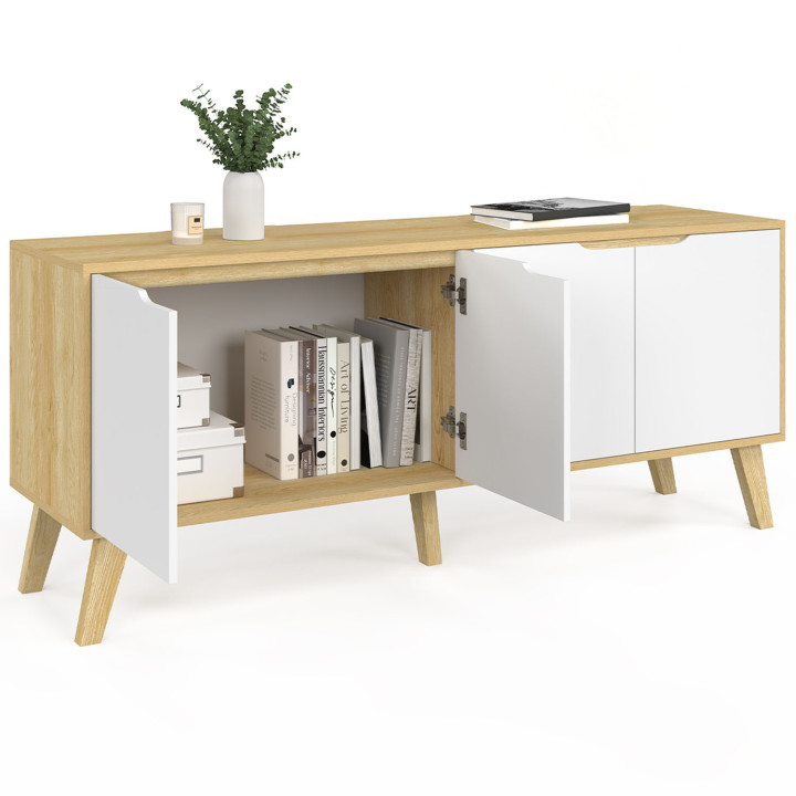 Buffet bas scandinave 140 cm FINN bois façon hêtre 3 portes blanches