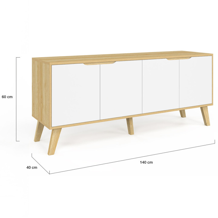 Buffet bas scandinave 140 cm FINN bois façon hêtre 3 portes blanches