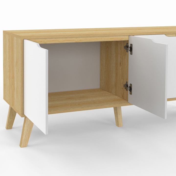Buffet bas scandinave 140 cm FINN bois façon hêtre 3 portes blanches