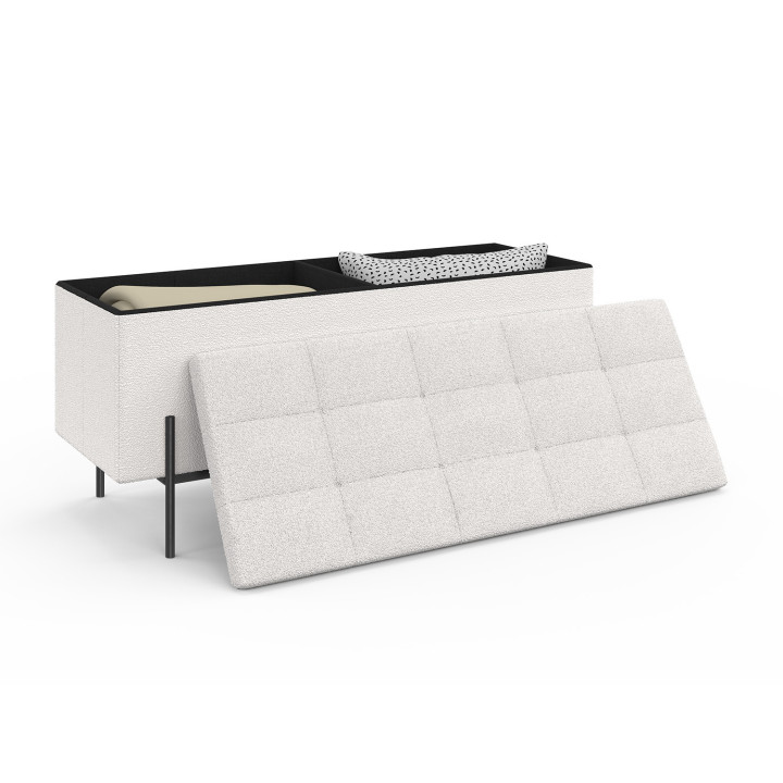 Banc coffre rangement LOUIS pieds métal noir 100 cm tissu bouclette blanc