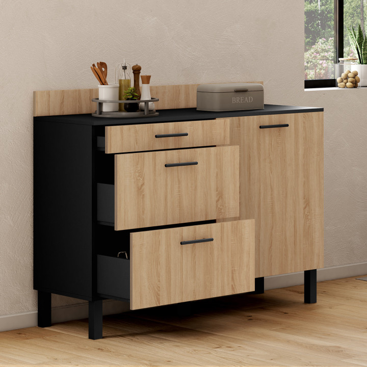 Credenza bassa 120 cm casserolier CINA piano di lavoro H.83 cm 1 anta + 3 cassetti look nero e faggio