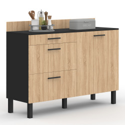 Buffet bas de cuisine 120 cm casserolier CINA plan de travail H.83 cm 1 porte + 3 tiroirs noir et façon hêtre