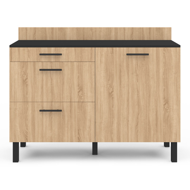 Küchenbuffet 120 cm Frontauszug CINA Arbeitsplatte H.83 cm 1 Tür + 3 Schubladen schwarz und Buchenholzoptik