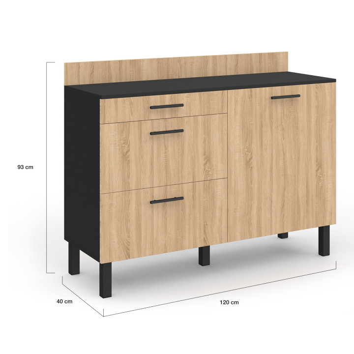 Credenza bassa 120 cm casserolier CINA piano di lavoro H.83 cm 1 anta + 3 cassetti look nero e faggio