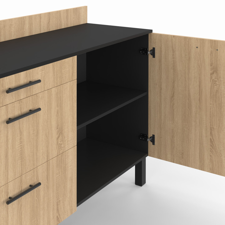 Credenza bassa 120 cm casserolier CINA piano di lavoro H.83 cm 1 anta + 3 cassetti look nero e faggio