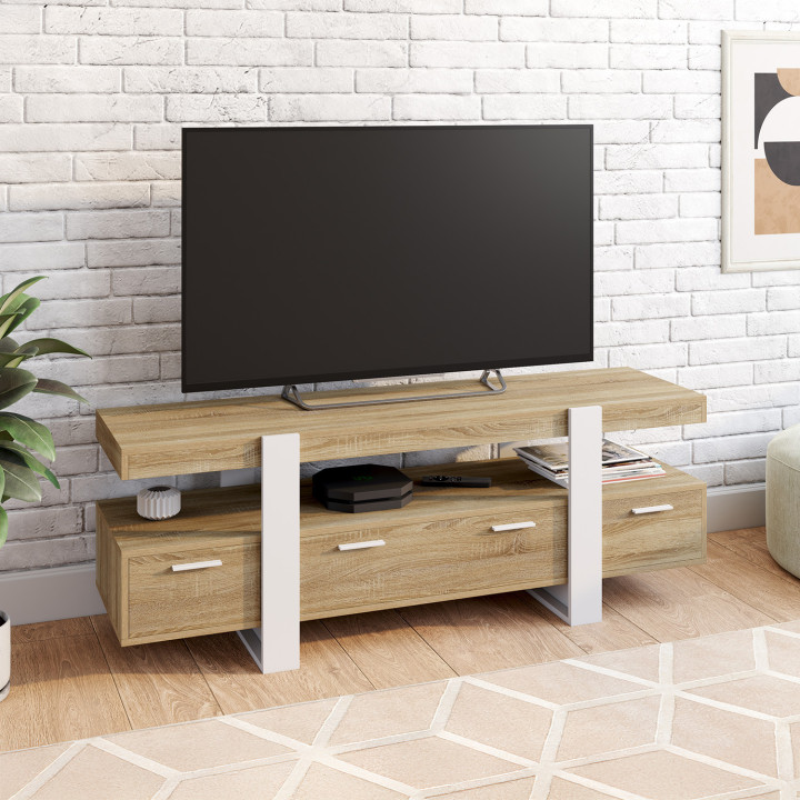 Mueble TV 140 cm madera y blanco con cajones - PHOENIX | El Arte de Vivir IDMarket