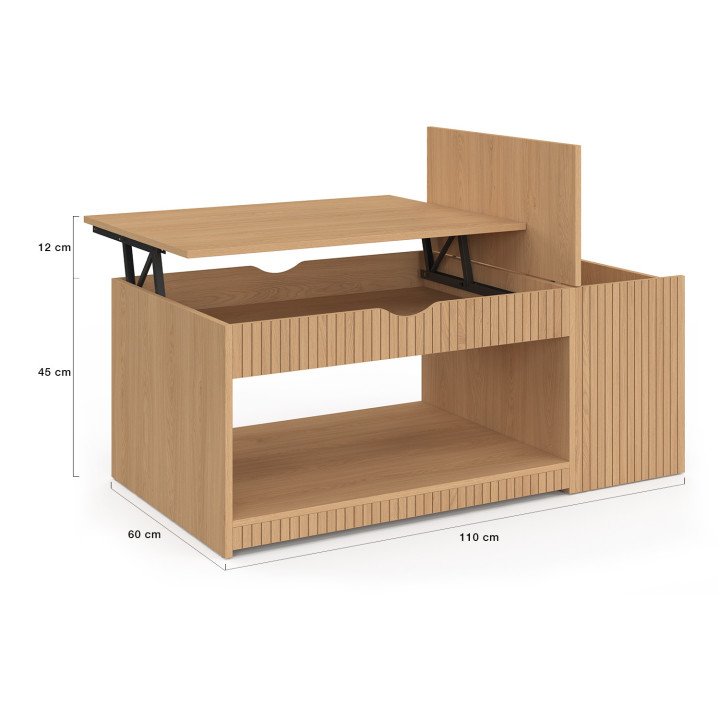 Tavolino con piano rialzabile, colore rovere, doghe con cassetta - JULIETTE | IDMarket