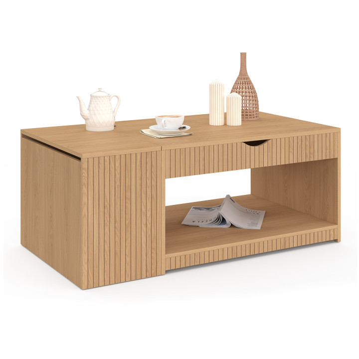 Tavolino con piano rialzabile, colore rovere, doghe con cassetta - JULIETTE | IDMarket