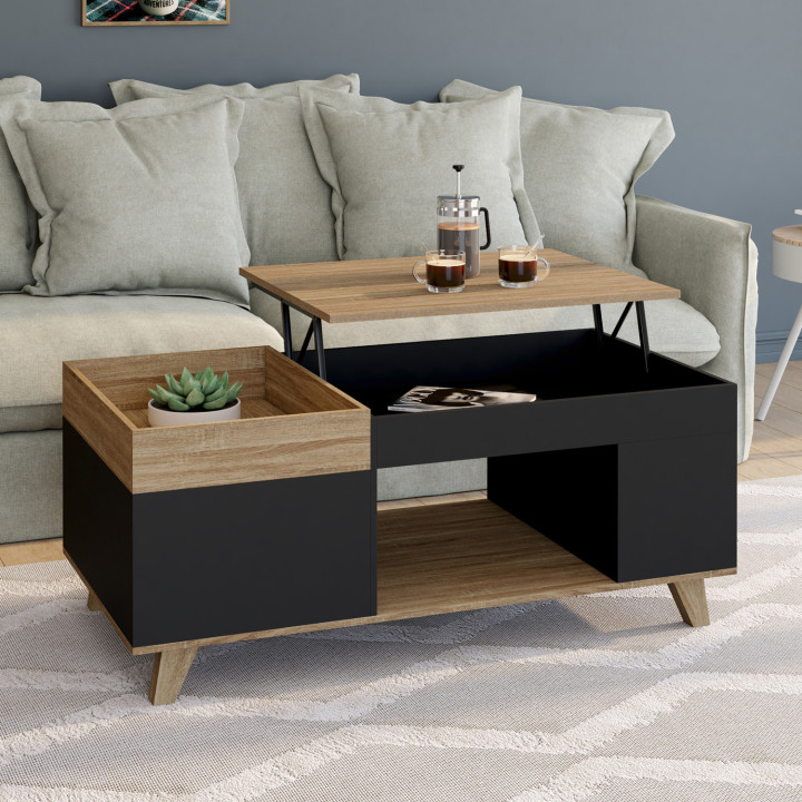 Couchtisch Klapptisch Holz und Schwarz abnehmbare Platte mit Truhe - LOLA | IDMarket