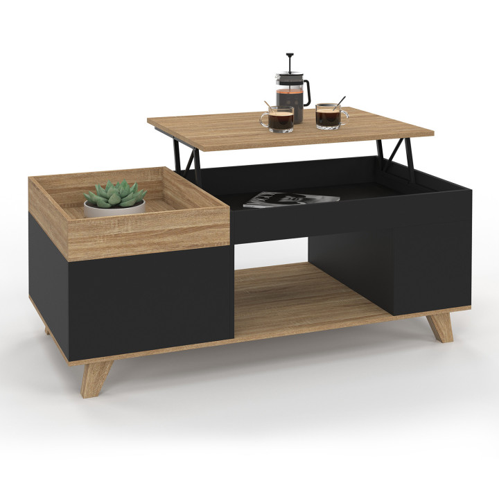 Couchtisch Klapptisch Holz und Schwarz abnehmbare Platte mit Truhe - LOLA | IDMarket