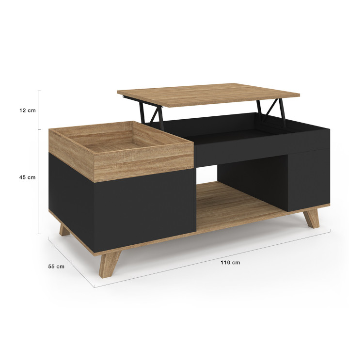 Couchtisch Klapptisch Holz und Schwarz abnehmbare Platte mit Truhe - LOLA | IDMarket
