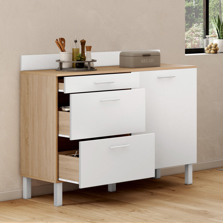 Küchenbuffet 120 cm Frontauszug CINA Arbeitsplatte H.83 cm 1 Tür + 3 Schubladen in Buchenholzoptik und Weiß