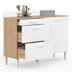Küchenbuffet 120 cm Frontauszug CINA Arbeitsplatte H.83 cm 1 Tür + 3 Schubladen in Buchenholzoptik und Weiß