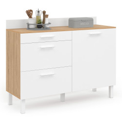 Lage keuken buffetkast 120 cm steelpan werkblad H.83 cm 1 deur + 3 laden beuken en wit - CINA