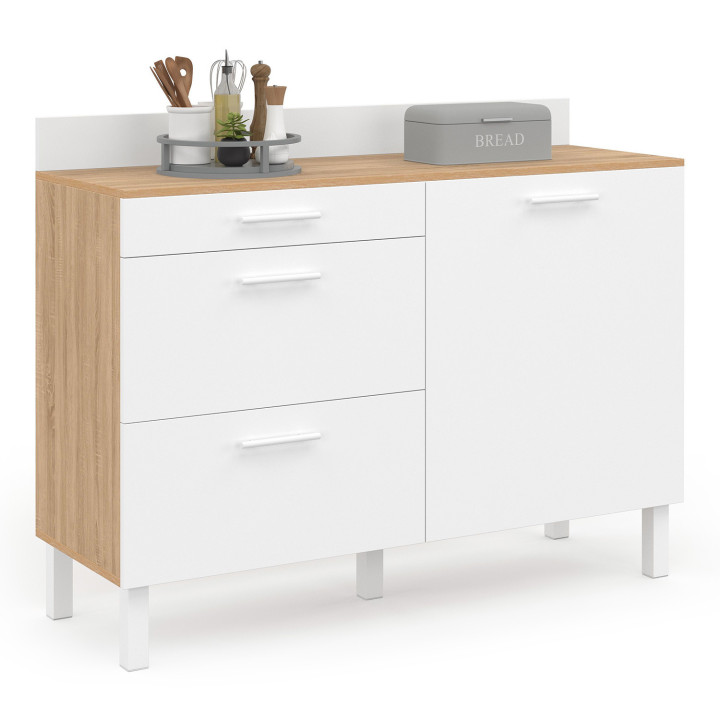 Küchenbuffet 120 cm Frontauszug CINA Arbeitsplatte H.83 cm 1 Tür + 3 Schubladen in Buchenholzoptik und Weiß