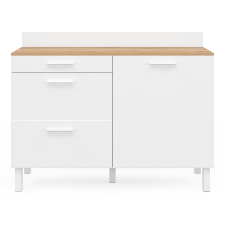Küchenbuffet 120 cm Frontauszug CINA Arbeitsplatte H.83 cm 1 Tür + 3 Schubladen in Buchenholzoptik und Weiß