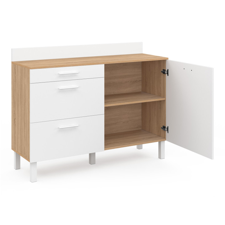 Küchenbuffet 120 cm Frontauszug CINA Arbeitsplatte H.83 cm 1 Tür + 3 Schubladen in Buchenholzoptik und Weiß