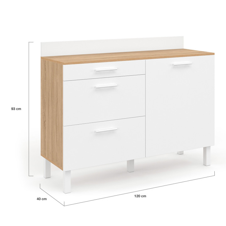 Küchenbuffet 120 cm Frontauszug CINA Arbeitsplatte H.83 cm 1 Tür + 3 Schubladen in Buchenholzoptik und Weiß