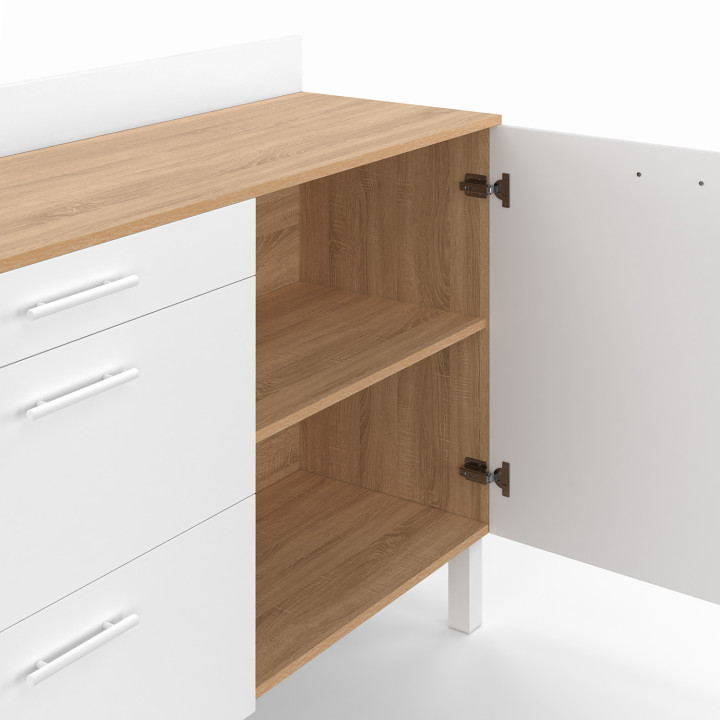 Küchenbuffet 120 cm Frontauszug CINA Arbeitsplatte H.83 cm 1 Tür + 3 Schubladen in Buchenholzoptik und Weiß
