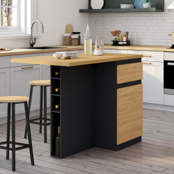 TINO middeneiland 120 cm met flessenrek, 4 slaapplaatsen, zwart hout met beukenhouten werkblad