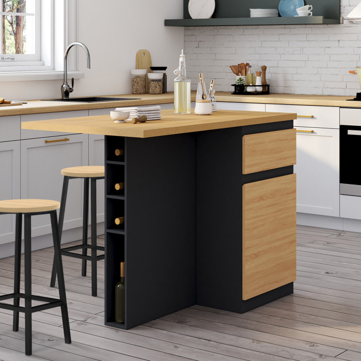 Ilot central TINO 120 cm avec range-bouteilles 4 personnes bois noir avec plan de travail façon hêtre