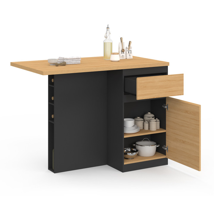 Ilot central TINO 120 cm avec range-bouteilles 4 personnes bois noir avec plan de travail façon hêtre