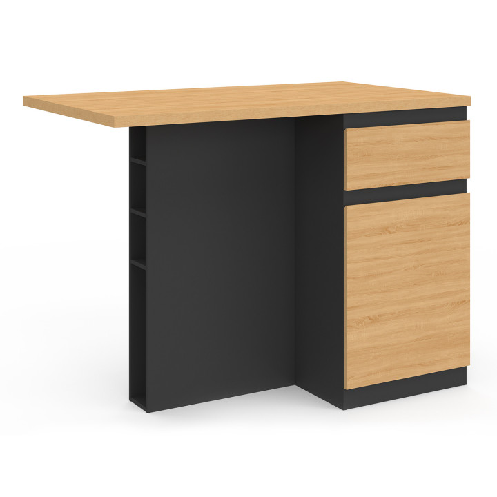 Ilot central TINO 120 cm avec range-bouteilles 4 personnes bois noir avec plan de travail façon hêtre
