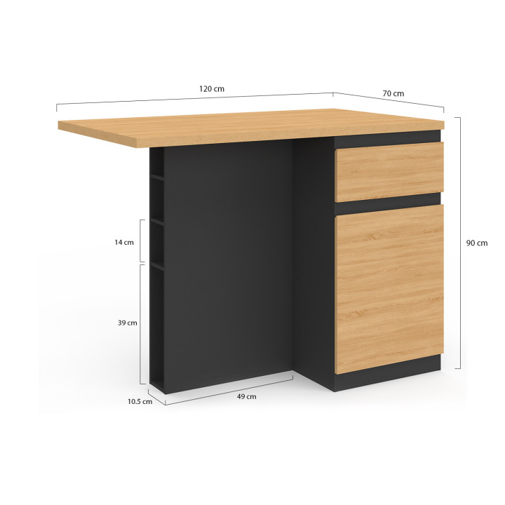 TINO middeneiland 120 cm met flessenrek, 4 slaapplaatsen, zwart hout met beukenhouten werkblad