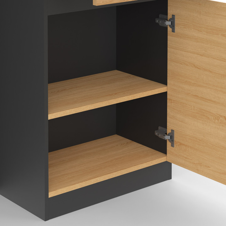 Ilot central TINO 120 cm avec range-bouteilles 4 personnes bois noir avec plan de travail façon hêtre