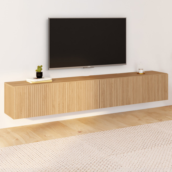Meuble TV 180 cm suspendu JULIETTE lattes tasseau bois coloris chêne