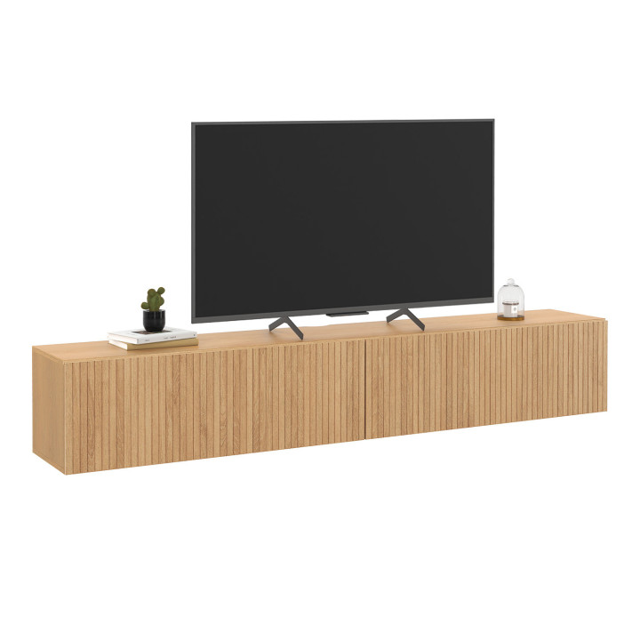 Meuble TV 180 cm suspendu JULIETTE lattes tasseau bois coloris chêne