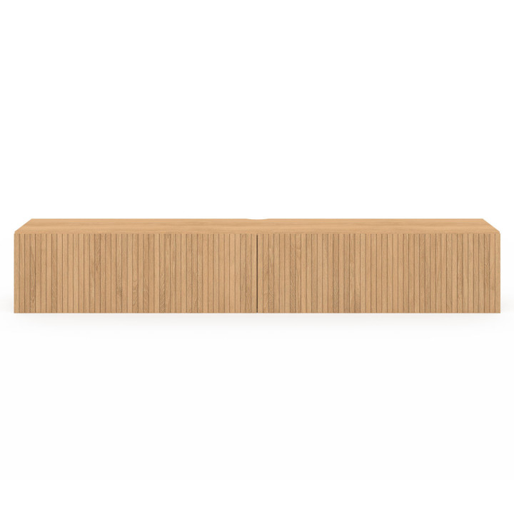 Meuble TV 180 cm suspendu JULIETTE lattes tasseau bois coloris chêne