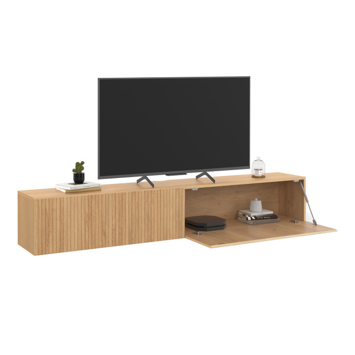 Meuble TV 180 cm suspendu JULIETTE lattes tasseau bois coloris chêne