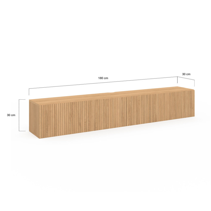 Meuble TV 180 cm suspendu JULIETTE lattes tasseau bois coloris chêne