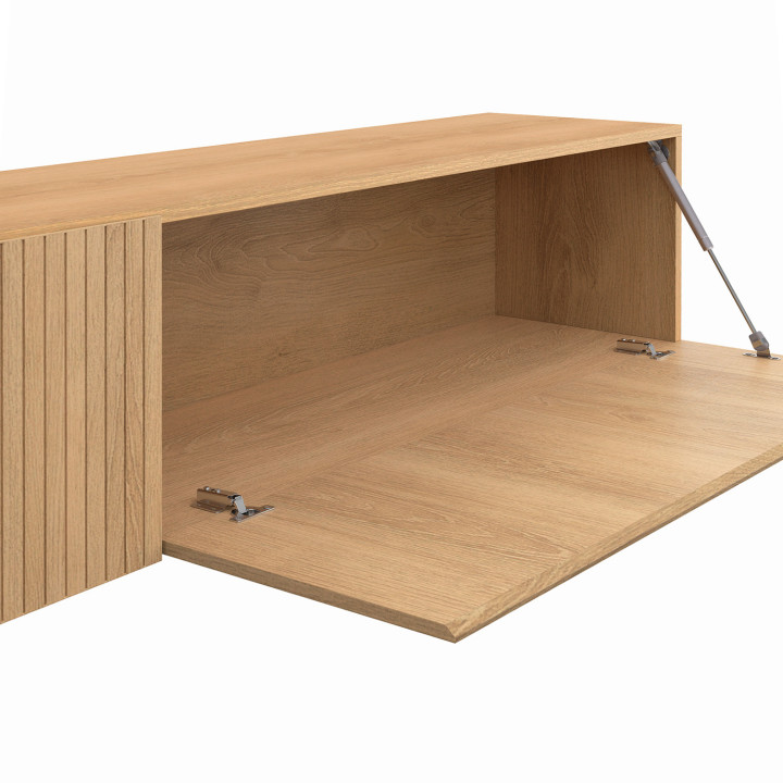 Meuble TV 180 cm suspendu JULIETTE lattes tasseau bois coloris chêne