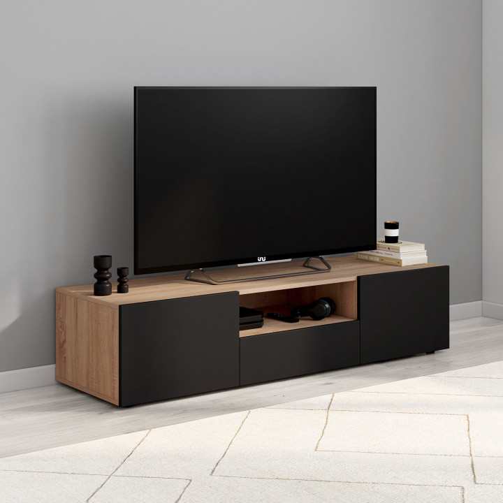 ¡Mueble TV haya con puertas negras 140cm - ELI | Zen Cart! IDMarket