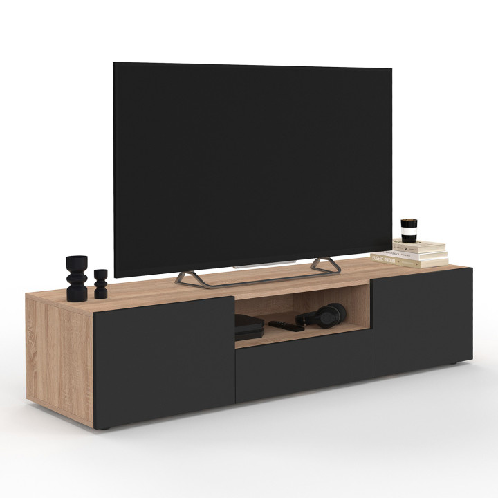 ¡Mueble TV haya con puertas negras 140cm - ELI | Zen Cart! IDMarket
