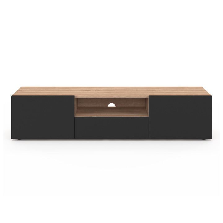 Meuble TV 140 cm ELI bois façon hêtre portes noires