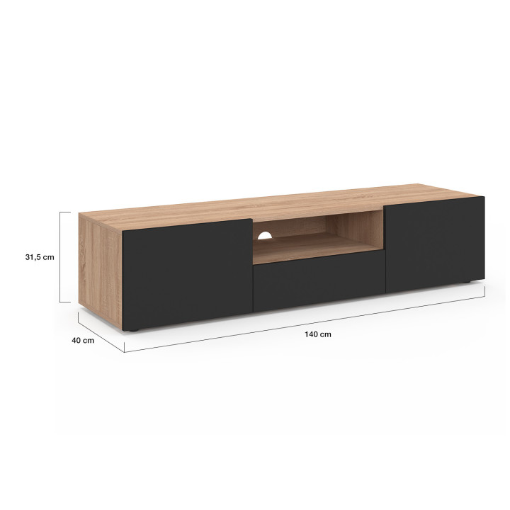 Meuble TV 140 cm ELI bois façon hêtre portes noires