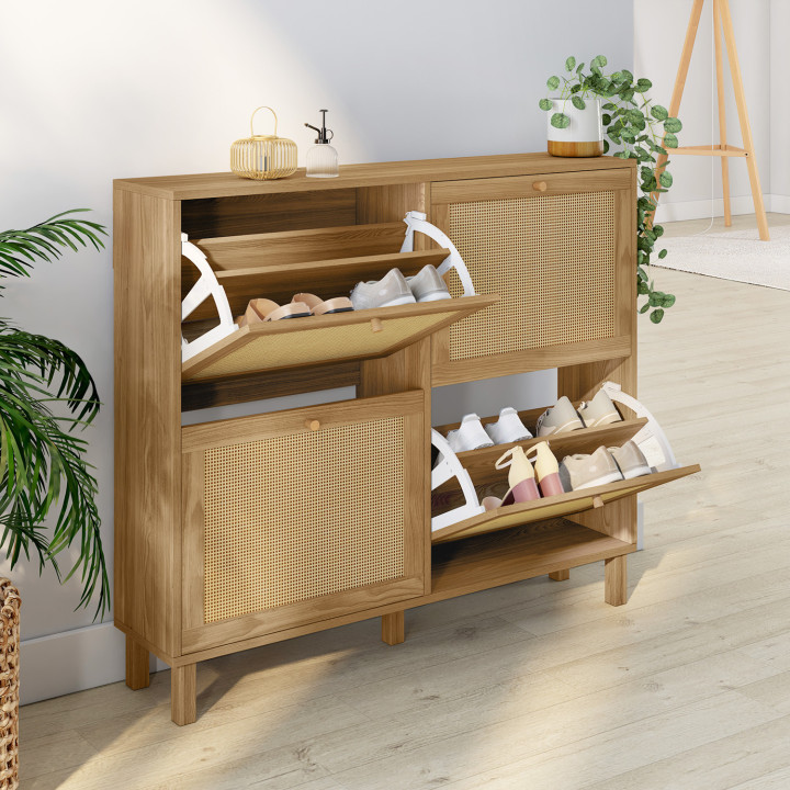 Mueble zapatero de caña vintage efecto natural 20 pares 4 puertas - HANAE | IDMarket