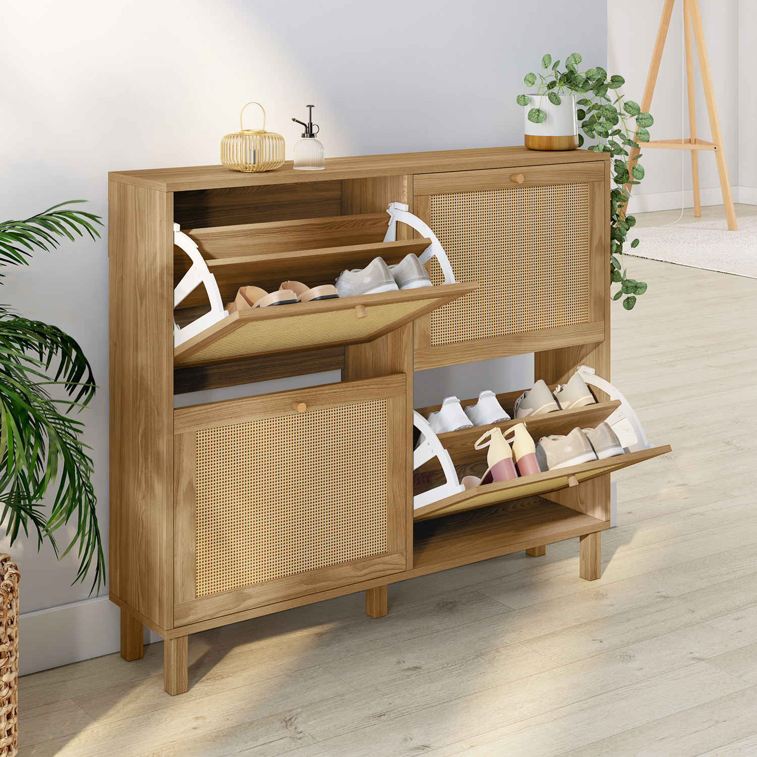 Meuble à chaussures vintage effet naturel cannage 20 paires 4 portes