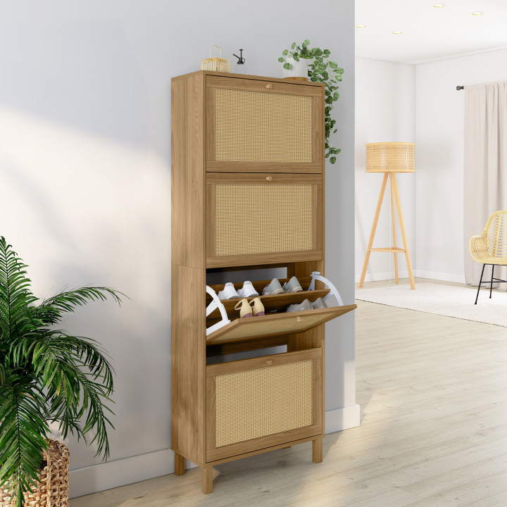 HANAE Scarpiera vintage da 24 pezzi con 4 ante in canna effetto naturale
